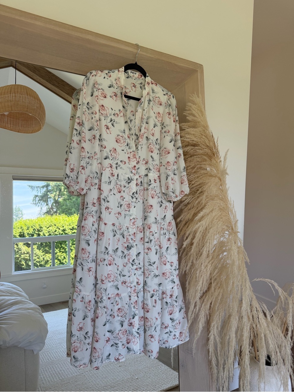 Floral maxi dress - Cream with Pink Rose Print